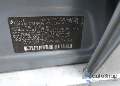 2009 BMW 328I z USA, uszkodzony, nr VIN WBAPH57599NM33254